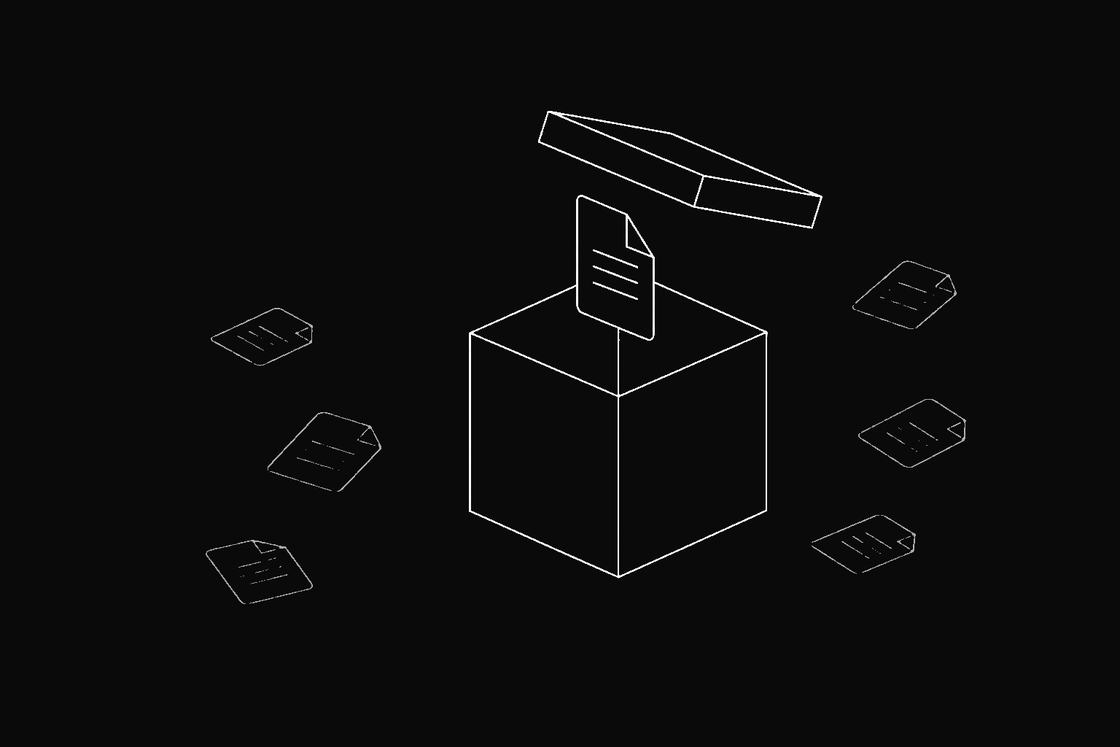 Line-art illustration of an open box with one document being lifted out while others wait outside